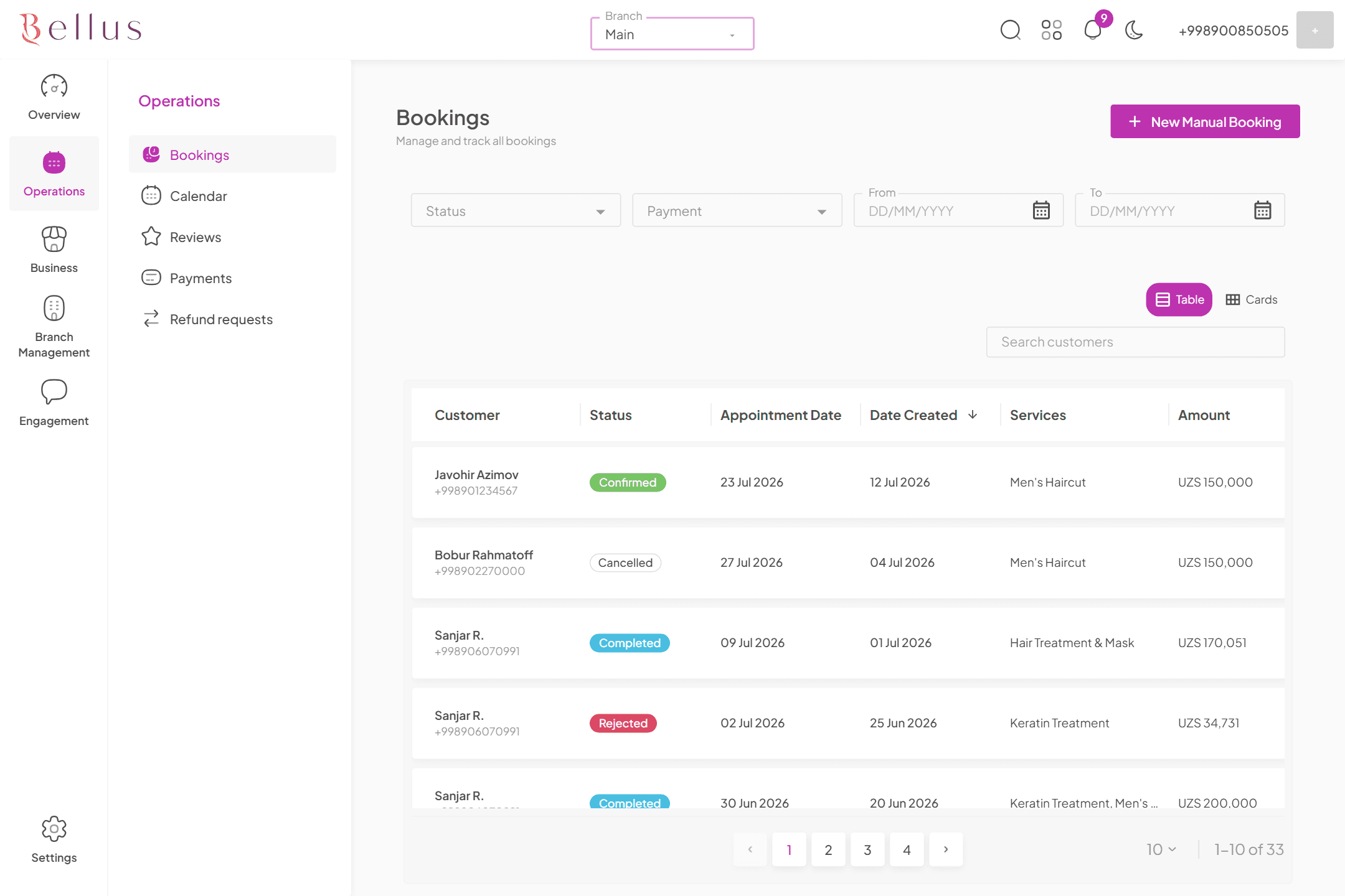 Bellus Dashboard bookings list